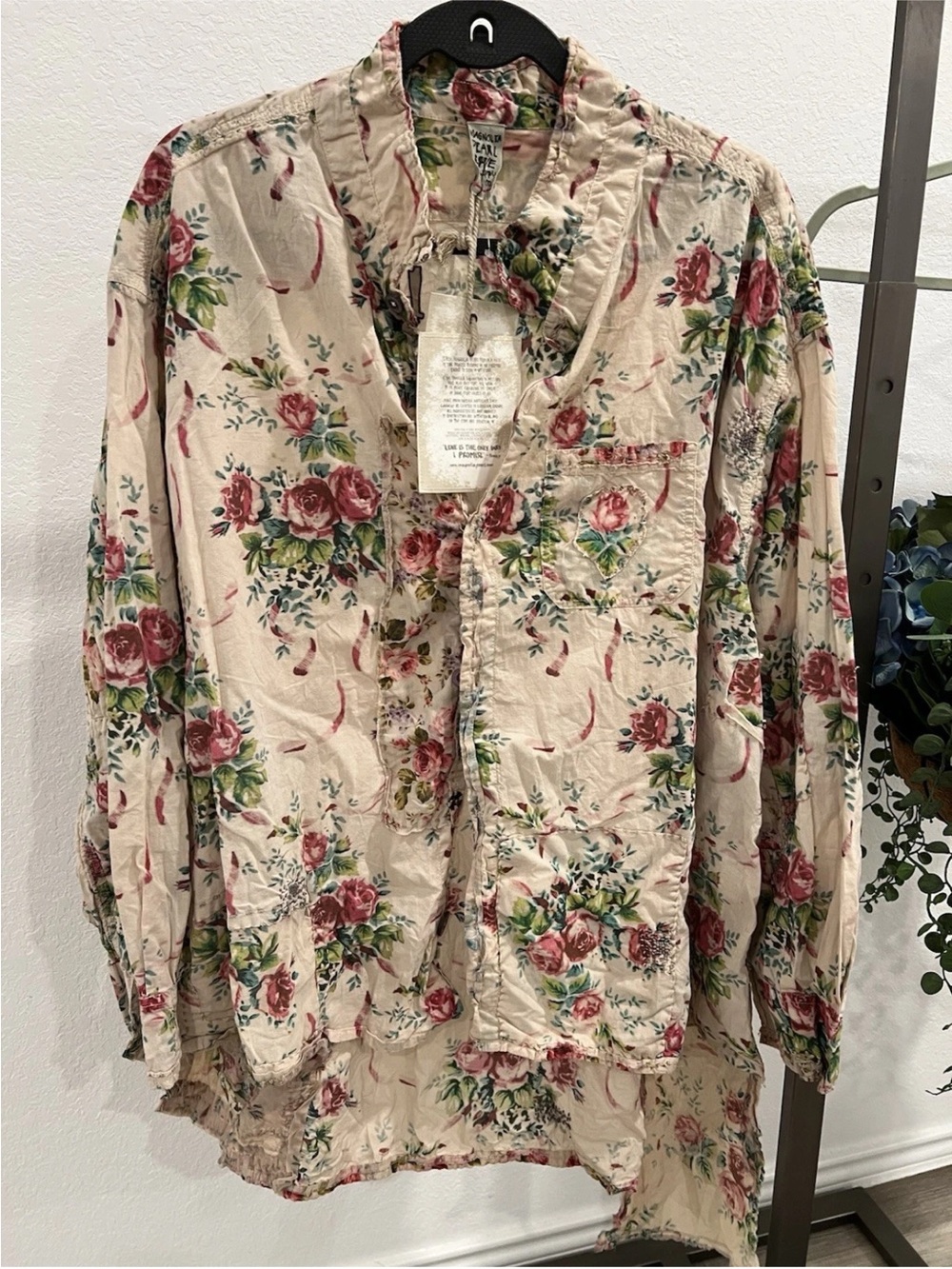 Magnolia Pearl Cream Floral Button-Up Top with Pink Roses and Green Leaves